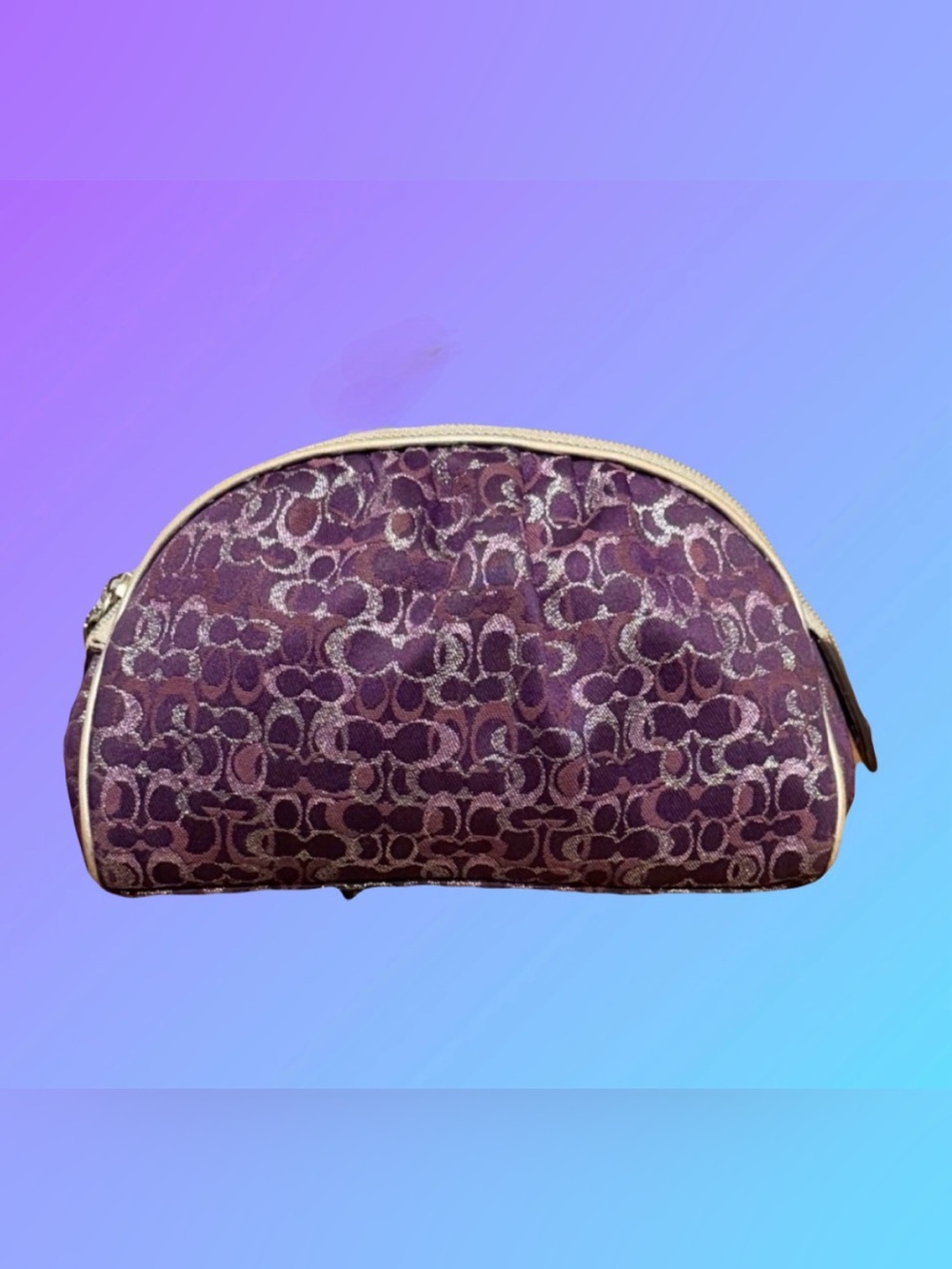 coach Purple Jacquard Cosmetic Case with Metallic Accents Coach charm added